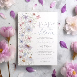 Baby in Bloom Invitation, Wildflower Baby Shower Invitation, Purple Blue Flower Invitation, Wild Flower Invite, Floral Baby Brunch Invite