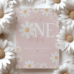 Daisy Birthday Invitation, Onederful Daisy 1st Birthday Invite, 1st Birthday Girl, Boho Daisy Invitation, Isn't She Onederful Pink Daisies