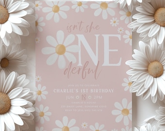 Daisy Birthday Invitation, Onederful Daisy 1st Birthday Invite, 1st Birthday Girl, Boho Daisy Invitation, Isn't She Onederful Pink Daisies