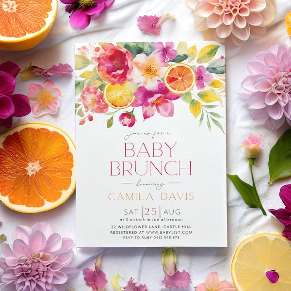 Citrus Baby Brunch Shower Invitation, Citrus Lemon Baby Shower Invite, Bright Citrus Baby Brunch Invite, Floral Citrus Baby Shower