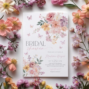Butterfly Bridal Shower Invitation, Butterflies Bridal Shower Invite Printable, Wildflower Invitation, Pink Purple Floral Bridal Invite