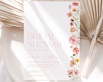 Floral Bridal Shower Invitation, Wildflowers, Pink Flower Invitation, Poppy Flowers, Bridal Brunch Invitation, Modern Bridal Invite, Peach