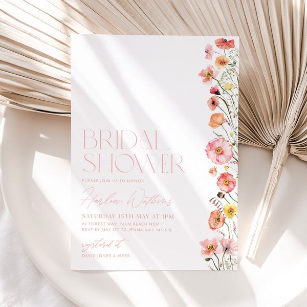 Floral Bridal Shower Invitation, Wildflowers, Pink Flower Invitation, Poppy Flowers, Bridal Brunch Invitation, Modern Bridal Invite, Peach