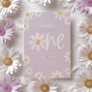 Daisy Birthday Invitation, Flower 1st Birthday Invite, Daisy Invitation, 1st Birthday Girl, Boho Daisy Invitation, Purple Daisies Birthday
