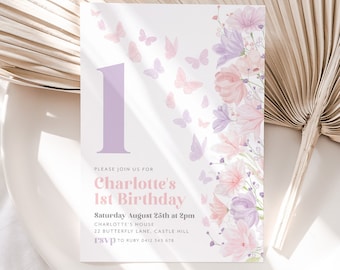 Butterfly Birthday Invitation, 1st Birthday Invite, Floral Butterfly Birthday Invitation, Pink Purple Butterfly Party, 1st Birthday Girl