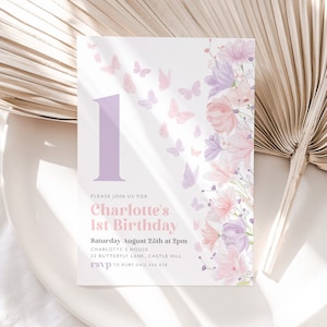 Butterfly Birthday Invitation, 1st Birthday Invite, Floral Butterfly Birthday Invitation, Pink Purple Butterfly Party, 1st Birthday Girl