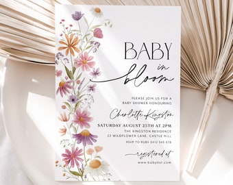Baby in Bloom Invitation, Wildflower Baby Shower Invitation, Purple Pink Flower Invitation, Wild Flower Invite, Floral Baby Brunch Invite