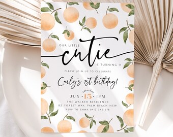 May include: Orange-themed birthday party invitation with watercolor illustrations of oranges and leaves. The text reads "Our little cutie is turning 1! Please join us to celebrate Carly's 1st birthday! Saturday, Jun 15, 1PM. The Walker Residence, 82 Forest Way, Palm Beach NSW. RSVP to Emma 0412 345 678."