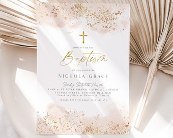 Christening Invitation Girl, Baptism Invitation Template, Pink Watercolour, Blush Pink Gold, Printable Invitation, Editable Pink Christening