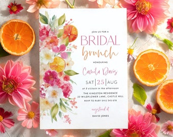 Citrus Bridal Brunch Invitation, Orange Bridal Shower, Bright Floral Citrus Bridal Shower Invitation, Mediterranean Theme Pink Orange Brunch