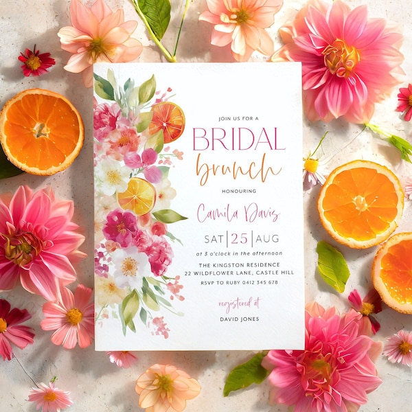 Citrus Bridal Brunch Invitation, Orange Bridal Shower, Bright Floral Citrus Bridal Shower Invitation, Mediterranean Theme Pink Orange Brunch