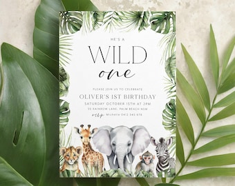 Wild One Birthday Invitation Boy, Wild One Invitation Printable, Safari Wild One Party Invite, Boy Safari Animals Invitation, Jungle Animal