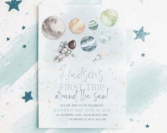 First Trip Around The Sun Birthday Invitation Template, First Birthday Space Invitation, Astronaut Invitation, Printable 1st Birthday Invite