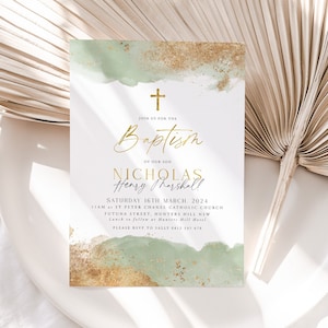 Sage Christening Invitation, Baptism Invitation Template, Green and Gold Christening Invitation, Printable Christening, Baptismal Invite