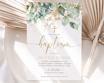 Greenery Baptism Invitation, Christening Invitation Template, Eucalyptus Greenery and Gold Christening Invitation Printable Baptismal Invite