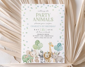 Party Animals Birthday Invitation, Safari Birthday Party Invitation, Wild One Animals Invitation, 1st Birthday Boy, Safari Party Animals