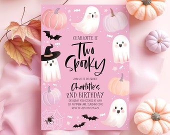 May include: Pink Halloween birthday invitation with a ghost wearing a witch hat and the text "Charlotte is Two Spooky". The invitation also features pumpkins, bats, and candy.