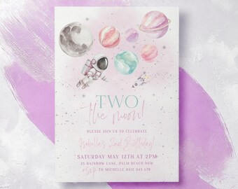 Two the Moon Birthday Invitation Template Girl, Two the Moon 2nd Birthday Space Astronaut Invite Girl Printable, Girls 2nd Birthday Silver