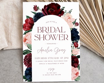 Arch Bridal Shower Invitation, Burgundy Navy Bridal Shower Invitation, Floral Kitchen Tea Invitation Template, Flower Bridal Brunch Invite