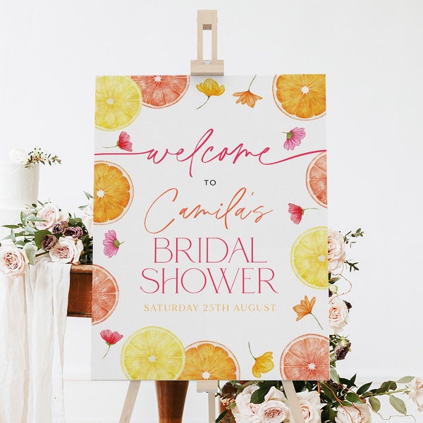 Citrus Lemon Bridal Shower Welcome Sign, She Found Her Main Squeeze Welcome Sign Printable Template, Instant Download, Citrus Flowers Bright