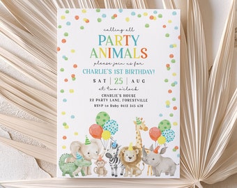 Party Animals Birthday Invitation, Safari Birthday Party Invitation, Wild One Animals Invitation, 1st Birthday Boy, Safari Party Animals