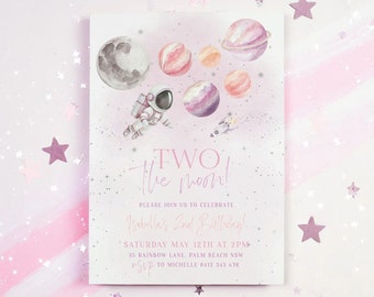 Two the Moon Birthday Invitation Template Girl, Two the Moon 2nd Birthday Space Astronaut Invite Girl Printable, Girls 2nd Birthday Silver