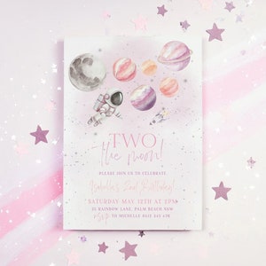 Two the Moon Birthday Invitation Template Girl, Two the Moon 2nd Birthday Space Astronaut Invite Girl Printable, Girls 2nd Birthday Silver