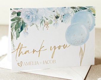 Blue Floral Thank You Card Printable Boy Baby Shower Thank You Card ...