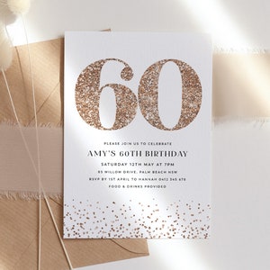 60th Birthday Invitation, 60th Party Template, Rose Gold Glitter, Editable Party Template, Glitter, 60, Sixty, 60th Birthday Invite