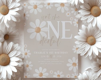 May include: A beige invitation card with a white daisy pattern. The text on the card reads "isn't she NE derful" and "Charlie's 1st Birthday". The invitation details include the date, time, location, and RSVP information.