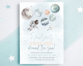 First Trip Around The Sun Birthday Invitation Template, First Birthday Space Invitation, Astronaut Invitation, Printable 1st Birthday Invite