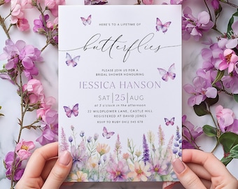 Lifetime of Butterflies Bridal Shower Invite, Printable Wildflower Butterfly Floral Party Invitation Editable, Butterfly Bridal Invitation
