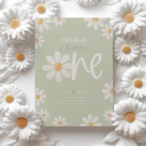 Daisy Birthday Invitation, Flower 1st Birthday Invite, Daisy Invitation, Girls 1st Birthday, Wildflower, Boho Daisy Invitation Green Daisies