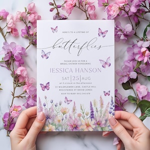 Lifetime of Butterflies Bridal Shower Invite, Printable Wildflower Butterfly Floral Party Invitation Editable, Butterfly Bridal Invitation
