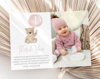 Bear Thank You Card Template, Printable Thank You Card, Thank You Card Editable, Pink Bear Thank You Card, Beary 1st Birthday Thank You Card