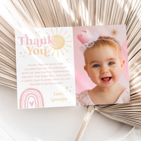 First Trip Around the Sun Thank You Card Template, Printable Thank You Card, Rainbow Thank You Card Editable Template, Thank You Card Girl