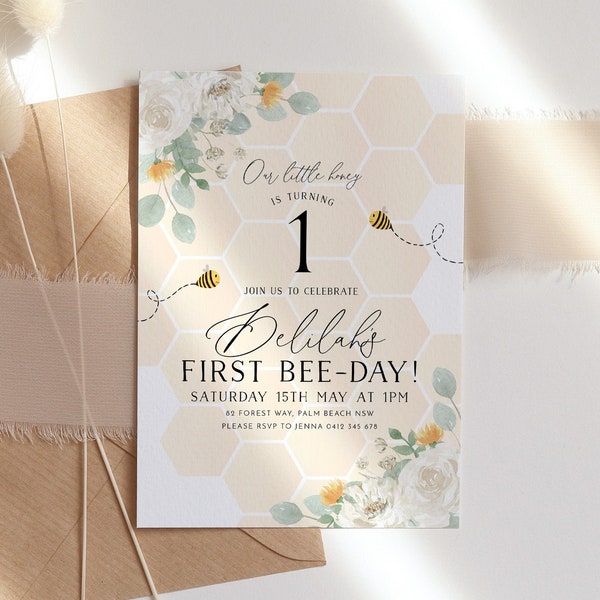 First Bee Day Invitation, Bee Birthday Invite, 1st Bee Day Invitation, First Birthday Invitation, Honey Bee Invitation, 1st Birthday Girl