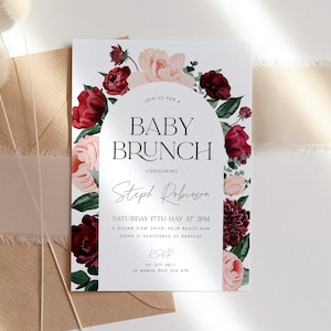 Pink Floral Baby Shower Invitation, Burgundy Blush Flowers, Pink Girl Baby Shower Invite, Pink Flowers Baby Shower Invitation, Baby Brunch