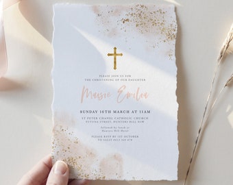 Christening Invitation Girl, Baptism Invitation Template, Pink Watercolour, Blush Pink Gold, Printable Invitation Editable, Pink Christening