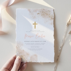 Christening Invitation Girl, Baptism Invitation Template, Pink Watercolour, Blush Pink Gold, Printable Invitation Editable, Pink Christening