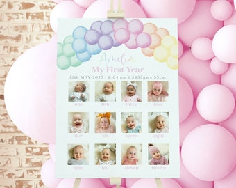 Può includere: Un poster colorato con un arcobaleno di palloncini ad acquerello e una griglia di foto che mostrano la crescita di un bambino da un mese a dodici mesi. Il poster è intitolato "Amelia My First Year" e include la data e l'ora di nascita, il peso e l'altezza.