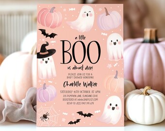 May include: A pink and white baby shower invitation with a ghost and pumpkin theme. The invitation reads "a little BOO is almost due!" and includes the text "Please join us for a baby shower honoring Charlotte Walker".