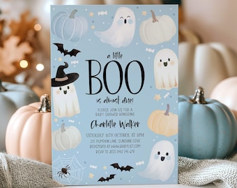 Little Boo Baby Shower Invitation Blue Ghost, Boy Baby Shower Invitation, Halloween Blue Ghost Baby Shower Invite Printable Little Boo