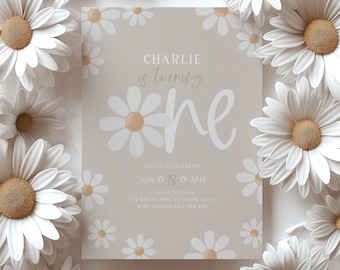 Daisy Birthday Invitation, Flower 1st Birthday Invite, Daisy Invitation, Girls 1st Birthday, Boho Neutral Daisy Invitation, Beige, Daisies