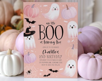 Little Boo is Turning 2 Invitation, Two Spooky Halloween Ghost 2nd Birthday Party Invitation Girl, Cute Peach Ghost Birthday Party Invite
