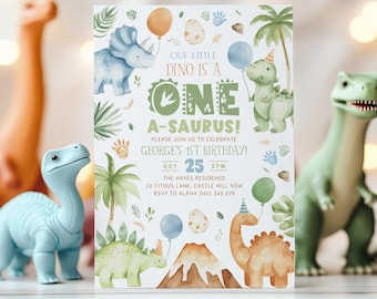 May include: A green, white, and brown dinosaur birthday invitation with the text "Our little dino is a one-a-saurus!" and "Please join us to celebrate George's 1st birthday!" The invitation also includes the date "Oct 25" and the time "2PM".