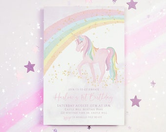 Unicorn Birthday Invitation, Unicorn Invitation, Rainbow Unicorn Birthday Invitation, 1st Birthday Girl, Pastel Unicorn Invitation Printable