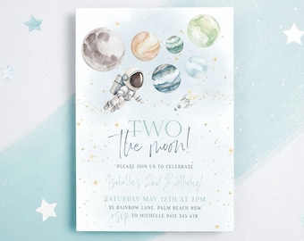 Two the Moon Birthday Invitation Template, 2nd Birthday Space Invitation, Two the Moon Space Astronaut Printable Birthday Invite Boy Gold