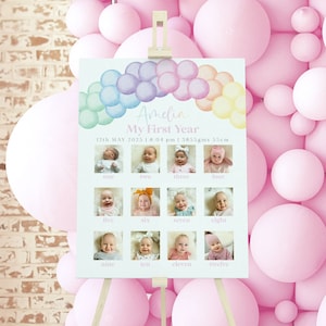 1st Birthday Photo Board Printable, First Birthday Monthly Photo Sign, Girls First Year, 1st Birthday Decor, Pastel Rainbow Balloons image 1