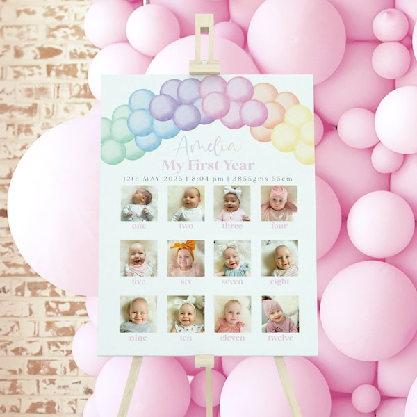 1st Birthday Photo Board Printable, First Birthday Monthly Photo Sign, Girls First Year, 1st Birthday Decor, Pastel Rainbow Balloons